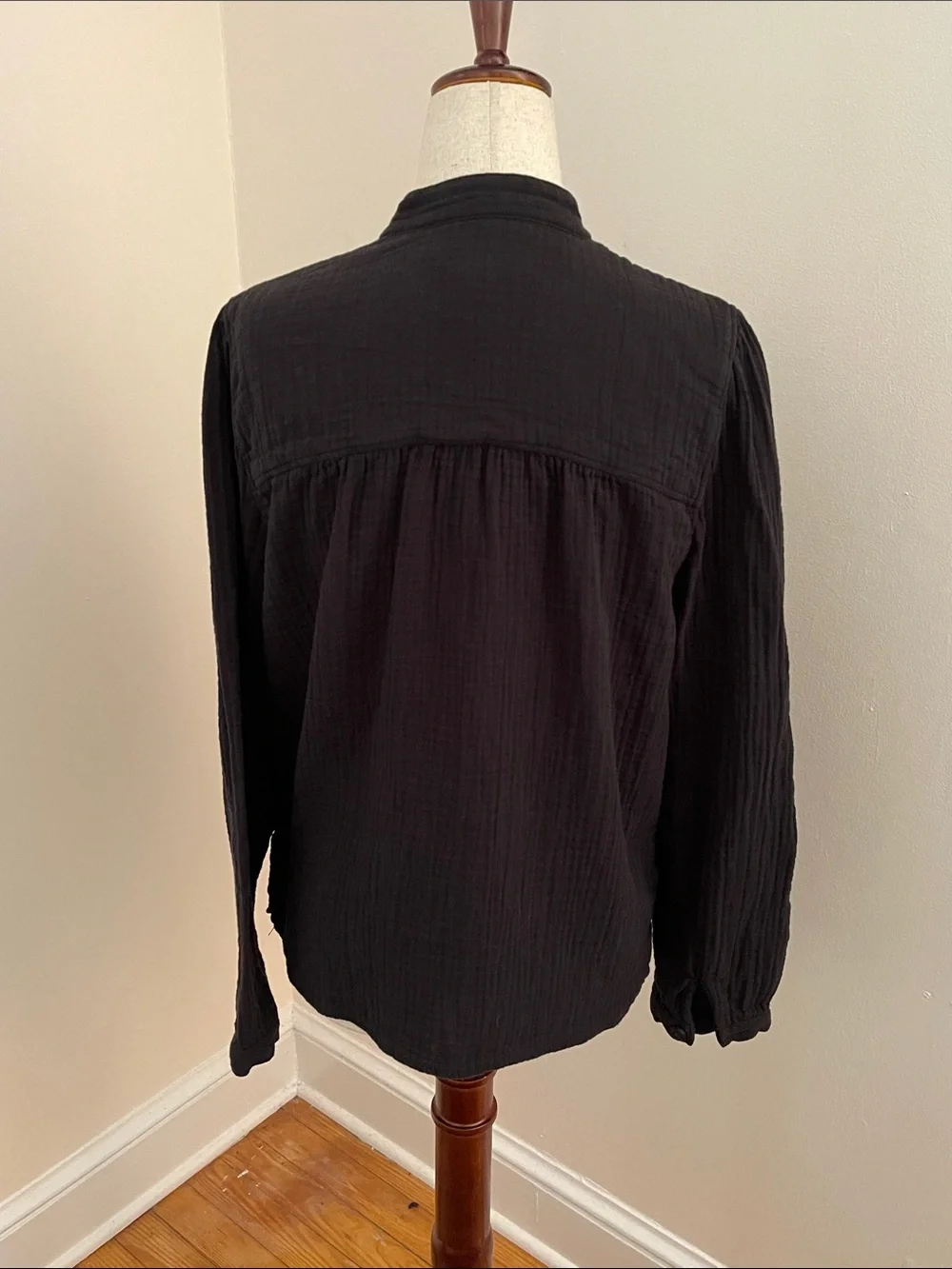 J.Crew Black Double Gauze Cotton Popover Blouse Mandarin Collar Medium
